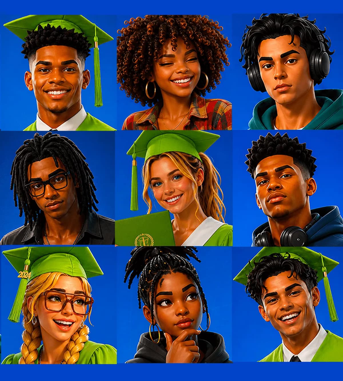 Illustrated portraits of students in green graduation caps